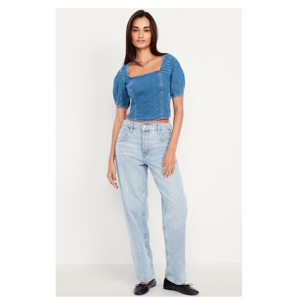 Women's Mid-Rise Waist With Hidden Button Fly Straight Slouchy Straight Jeans 6 - Picture 1 of 6